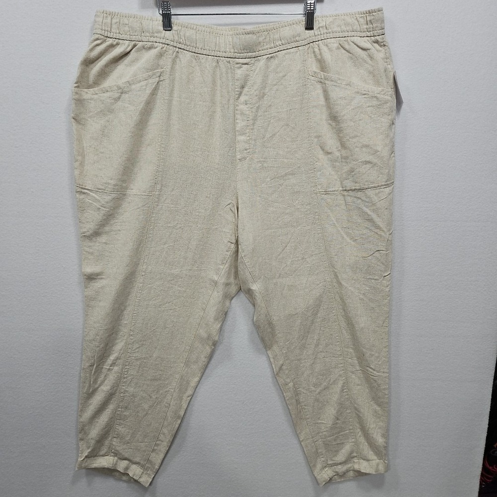 Old Navy 3X Beige Cropped High Rise Linen Blend Pull On Straight Tapered Pants